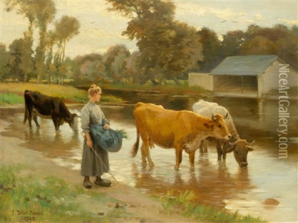 Peasant Woman With Cows By A River Oil Painting - Edouard Bernard Debat-Ponsan