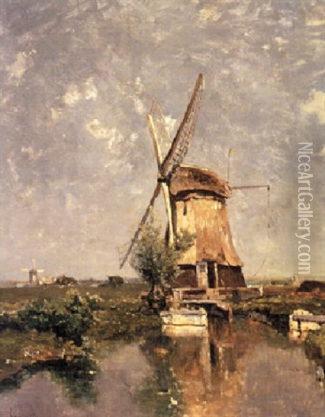 A Mill In A Polder Landscape Oil Painting - Paul Joseph Constantin Gabriel