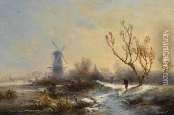 A Traveller In A Winter Landscape, A Windmill In The Distance Oil Painting - Pieter Lodewijk Francisco Kluyver