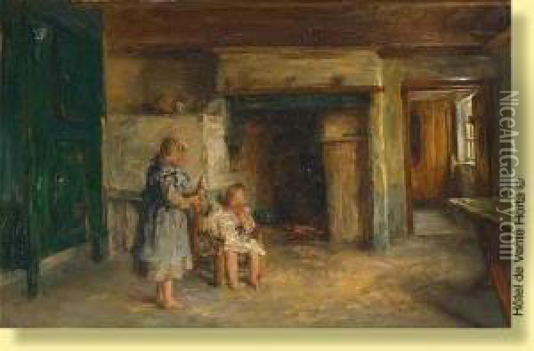 Deux Enfants Dans Un Interieur Oil Painting - Pieter Verhaert