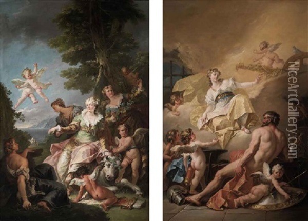 The Rape Of Europa (+ The Forge Of Vulcan, Smllr; Pair) Oil Painting - Gaspare Diziani