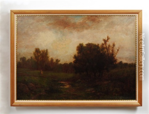 Landscape With Brook And Figure Oil Painting - George W. Picknell