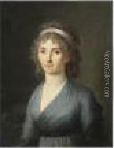 Portrait De Jeune Femme En Robe Bleue Oil Painting - Henri Nicolas Van Gorp