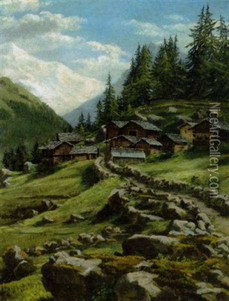 Bjergstudie (fra Faierhaut?). Alpelandskab Med Hojtliggende Bjerghytter Oil Painting - Anthonie Eleonore (Anthonore) Christensen
