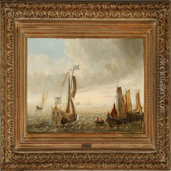 Coastal Scene With A Dutchwarship Oil Painting - Johan Adolph Rust