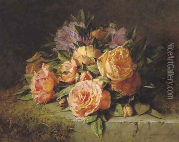 Pink roses and rhododendrons on a marble ledge Oil Painting - Adriana-Johanna Haanen