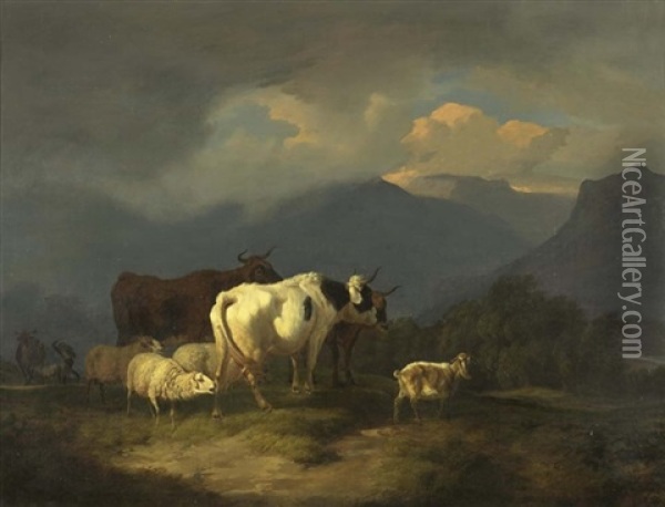 Berglandschaft Mit Rindern Und Schafen Vor Dem Gewitter Oil Painting - Robert Eberle