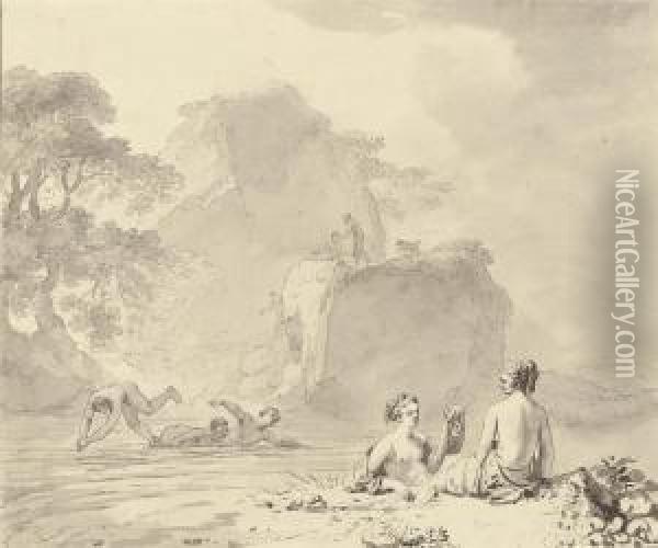 Nymphs Bathing In A Rocky Wooded Landscape Oil Painting - Dirck Van Der Lisse