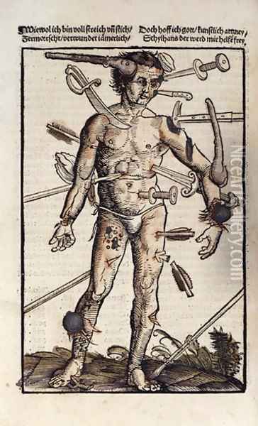 XVIIIv The Wound Man, from the Feldtbuch der Wundartzney by Hans von Gersdorff, 1517 Oil Painting - Hans or Johannes Ulrich Wechtlin