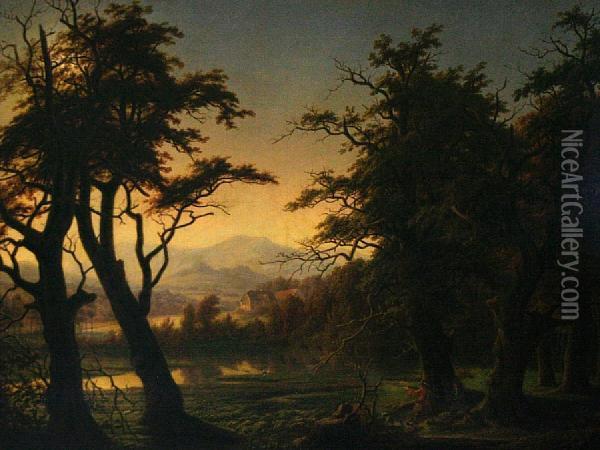 Wooded Lake Landscape With Two Gentlemenshooting Duck Oil Painting - Adolf Kaiser