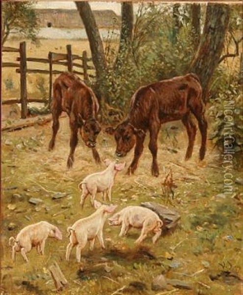 Calves And Piglets Enjoying The Danish Summer Oil Painting - Valdemar Henrik Nicolaj Irminger