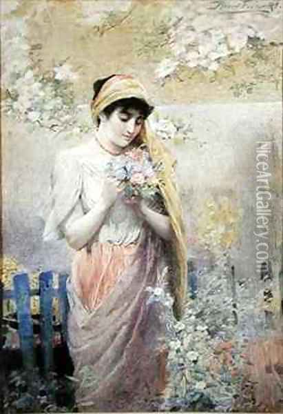 Study of a girl with a bouquet of flowers in a garden Oil Painting - Robert Fowler