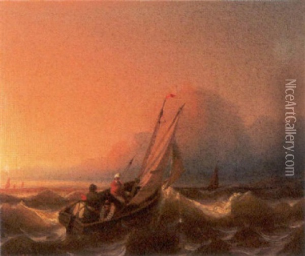 Kustenfischer Auf Sturmischer See Im Abendrot Oil Painting - Eduard Hildebrandt