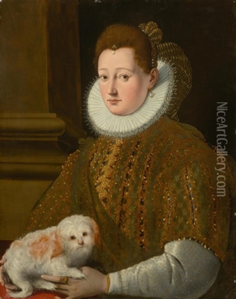 Portrait Of A Noblewoman With A Small Dog Oil Painting - Girolamo Macchietti