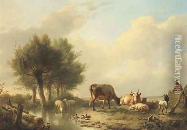 Overseeing the animals gathered by a stream Oil Painting - Eugene Verboeckhoven