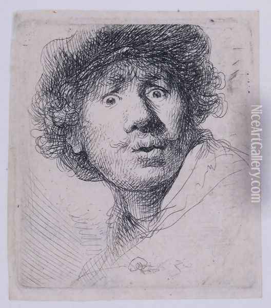 Self Portrait with a Cap, openmouthed Oil Painting - Rembrandt Van Rijn