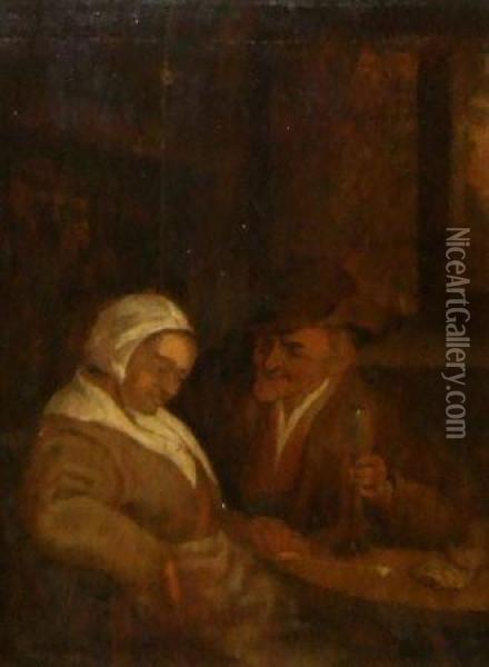 Lady And Gent In Tavern Interior Oil Painting - David The Younger Teniers