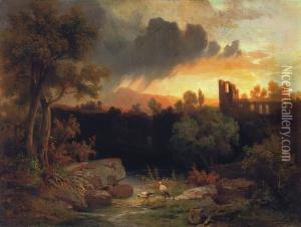 Romantic Landscape With Ruins Oil Painting - Jozsef Molnar