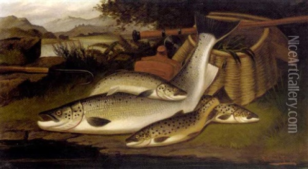 On The Banks Of The Tweed, Salmon, Salmon Trout, Lake Trout Oil Painting - A. Roland Knight