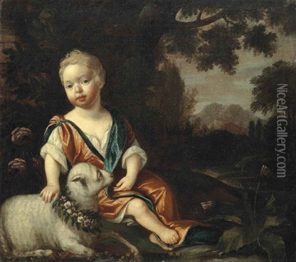 Portrait Of A Boy, With A Lamb, Seated In A River Landscape Oil Painting - James Maubert