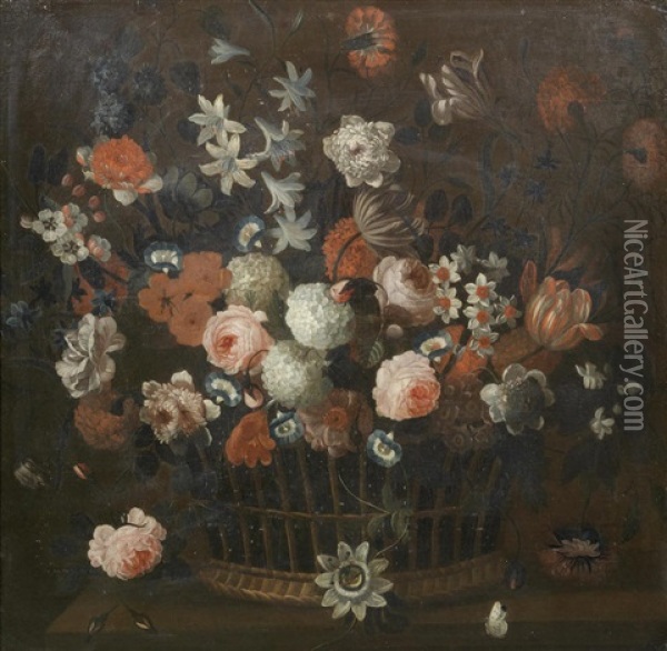 Roses, Tulips, Narcissi And Other Flowers In A Wicker Basket On A Stone Ledge With A White Butterfly Oil Painting - Simon Hardime