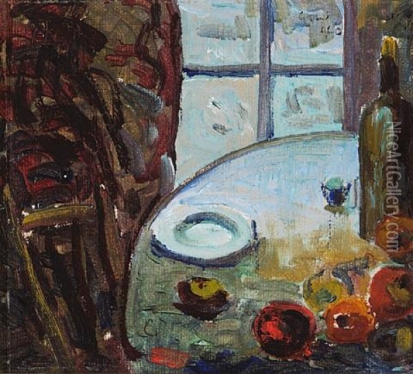 Still Life With Plate, Fruit And Bottle On A Table Oil Painting - Selden Connor Gile