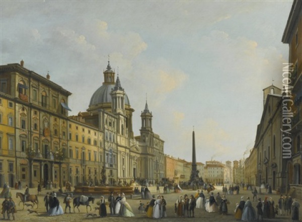 Rome, A View Of Piazza Navona With Elegantly Dressed Figures Oil Painting - Giuseppe Bernardino Bison