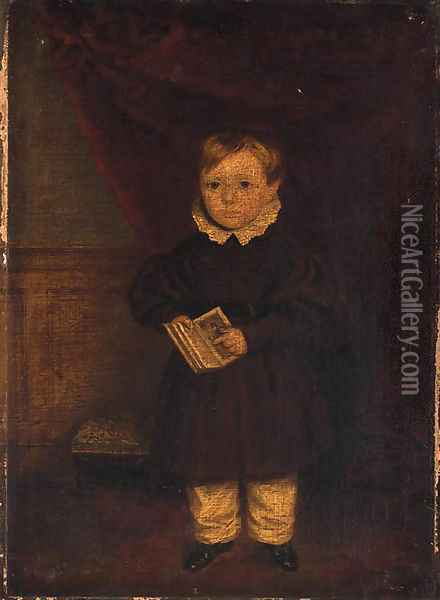 Portrait of a young boy, small full-length, in a brown coat Oil Painting - English Provincial School