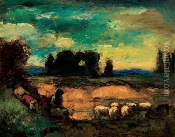 Landscape With Sheeps Oil Painting - Bela Ivanyi Gruenwald