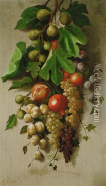 A Branch Of Figs With Grapes, Plums, And Pomegranates Oil Painting - Michelangelo Meucci