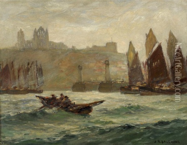 Fishing Boats At The Entrance To Whitby Harbour With The Abbey Beyond Oil Painting - Joseph Richard Bagshaw