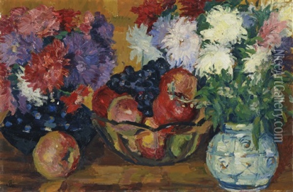 Stillleben Mit Astern, Apfeln Und Trauben Oil Painting - Giovanni Giacometti
