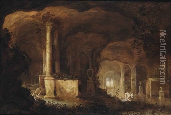 A Grotto With Bathing Women Oil Painting - Abraham van Cuylenborch