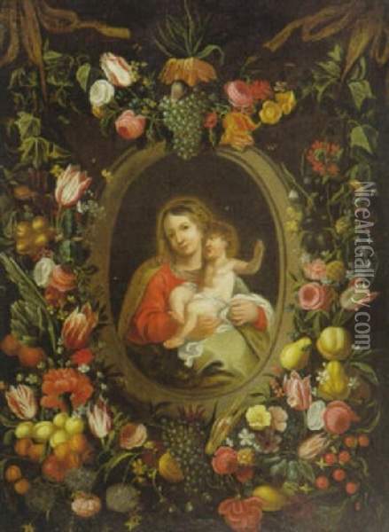 Die Madonna Mit Dem Christkind Im Blumen- Und Fruchtekranz Oil Painting - Jan van Kessel the Elder
