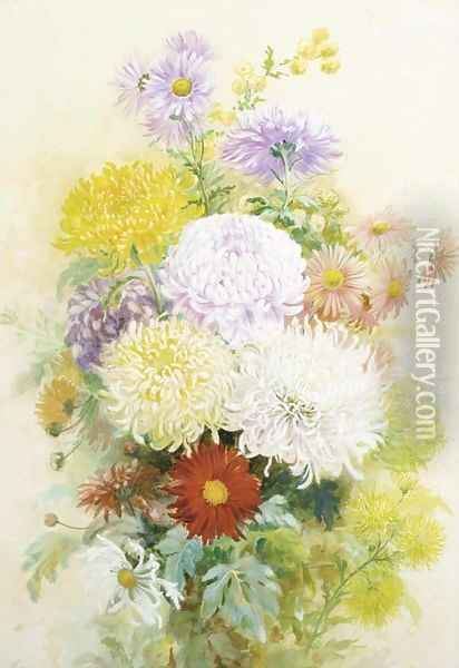 A vase of crysanthemuns and asters Oil Painting - C. Wilson