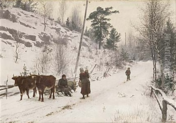 Vinterlandskap Med Figurer Och Oxar, Romano Oil Painting - Knut Ekwall
