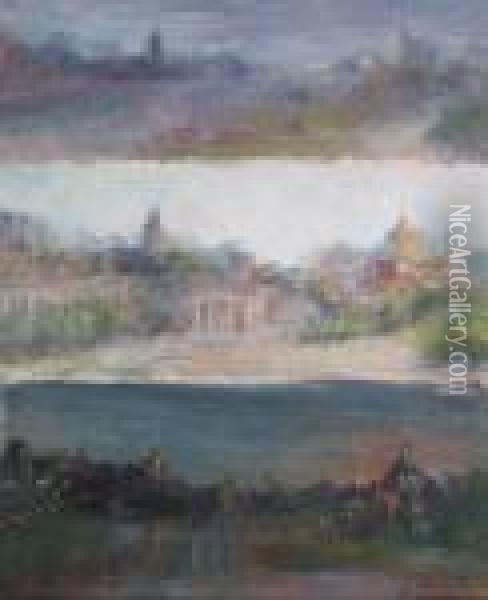 Panoramic Views Of Philadelphia (triptych) Oil Painting - Frederick R. Wagner