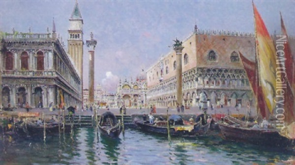 View Of The Doge's Palace And Saint Mark's Square, Venice Oil Painting - Antonio Maria de Reyna Manescau