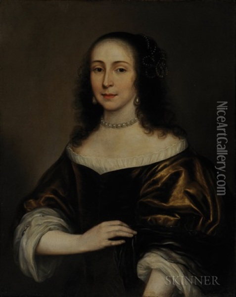 Woman In Brown Adorned With Pearls Oil Painting - Cornelis Jonson Van Ceulen