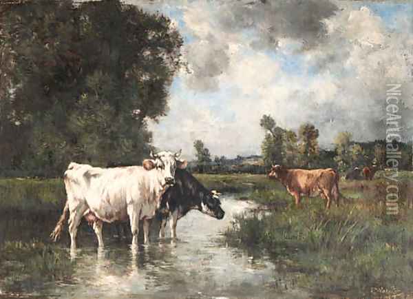 Cows watering Oil Painting - Louis-Francois-Victor Wateline