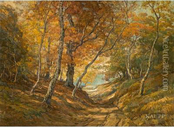 Sandiger Waldweg, Flankiert Von Schlanken, Herbstlichgefarbten Baumen Oil Painting - Richard Henri Fehdmer