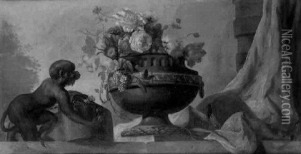 Nature Morte Au Bouquet De Fleurs, Instruments De Musique Et Singe Oil Painting - Jean Baptiste Huet