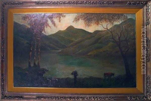 Paesaggio Lacustre Con Contadina Ed Armenti Oil Painting - Frederick Henry Henshaw