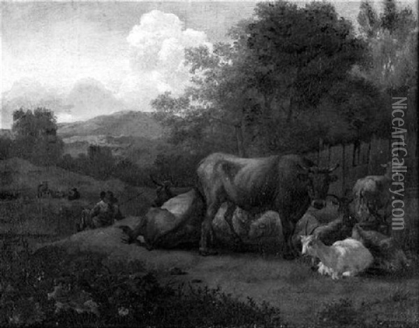 Berglandschaft Mit Lagernder Kuh- Und Ziegenherde Oil Painting - Willem Romeyn