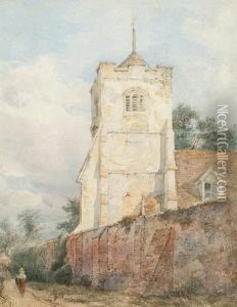 A Figure Walking Beside A Church Wall Oil Painting - William Henry Stoth. Scott
