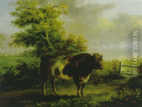 Landschaft Mit Schwarzweissen Stier Oil Painting - Friedrich Wilhelm Pfeiffer