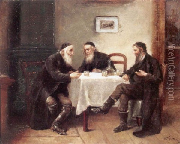 An Interior With A Rabbi And Other Figures Gathered At A Table Oil Painting - Pharaon Abdom Leon de Winter