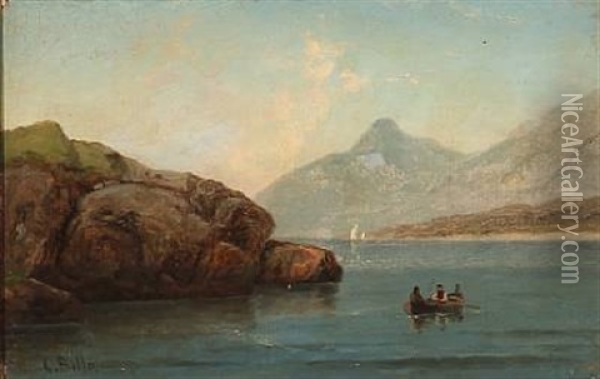 Norwegian Fjord Scene With Two Fishermen In A Rowing Boat Oil Painting - Carl Ludwig Bille