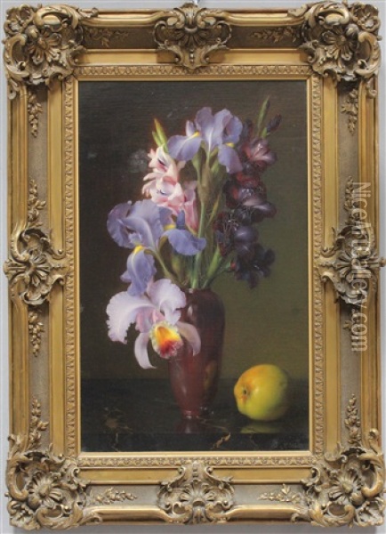 Naturalistisches Blumenstillleben Mit Apfel Oil Painting - Konrad Wilhelm Dielitz