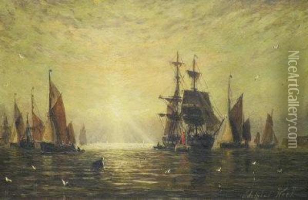 Numerous Sailing Vessels In A Calm At Dawn Oil Painting - William Adolphu Knell